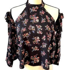 Mustard Seed Sheer Black Floral Cold Shoulder Top